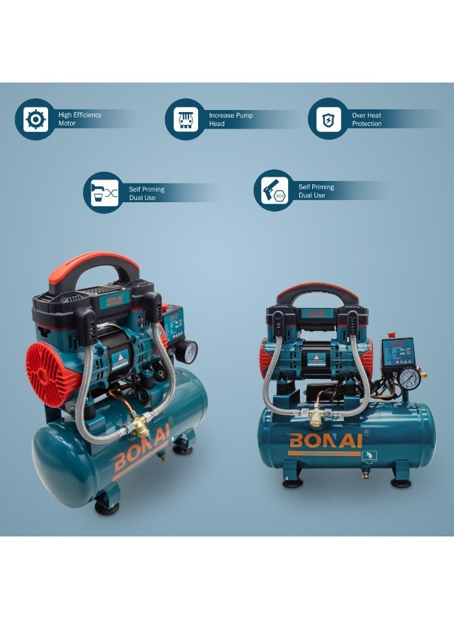 بوناي ضاغط هواء محمول سعة 10 لترات، بقوة 1380 واط، مضخة صامتة خالية من الزيت، معدل تدفق 58 لتر/دقيقة، ضغط 0.8 ميجا باسكال، محرك عالي الكفاءة، مناسب لإطارات السيارات، ورش العمل، التنظيف بالرش، والاستخدام المنزلي، BN-HK116 - Image 5